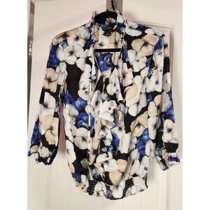 White House Black Market WHBM Small Floral Ruffle Long Sleeve Blouse Top